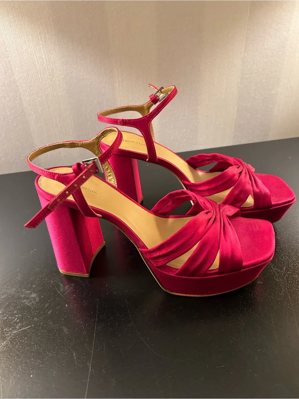 Reformation Monetta Women's Satin Platform Sandal  in Magenta Pink